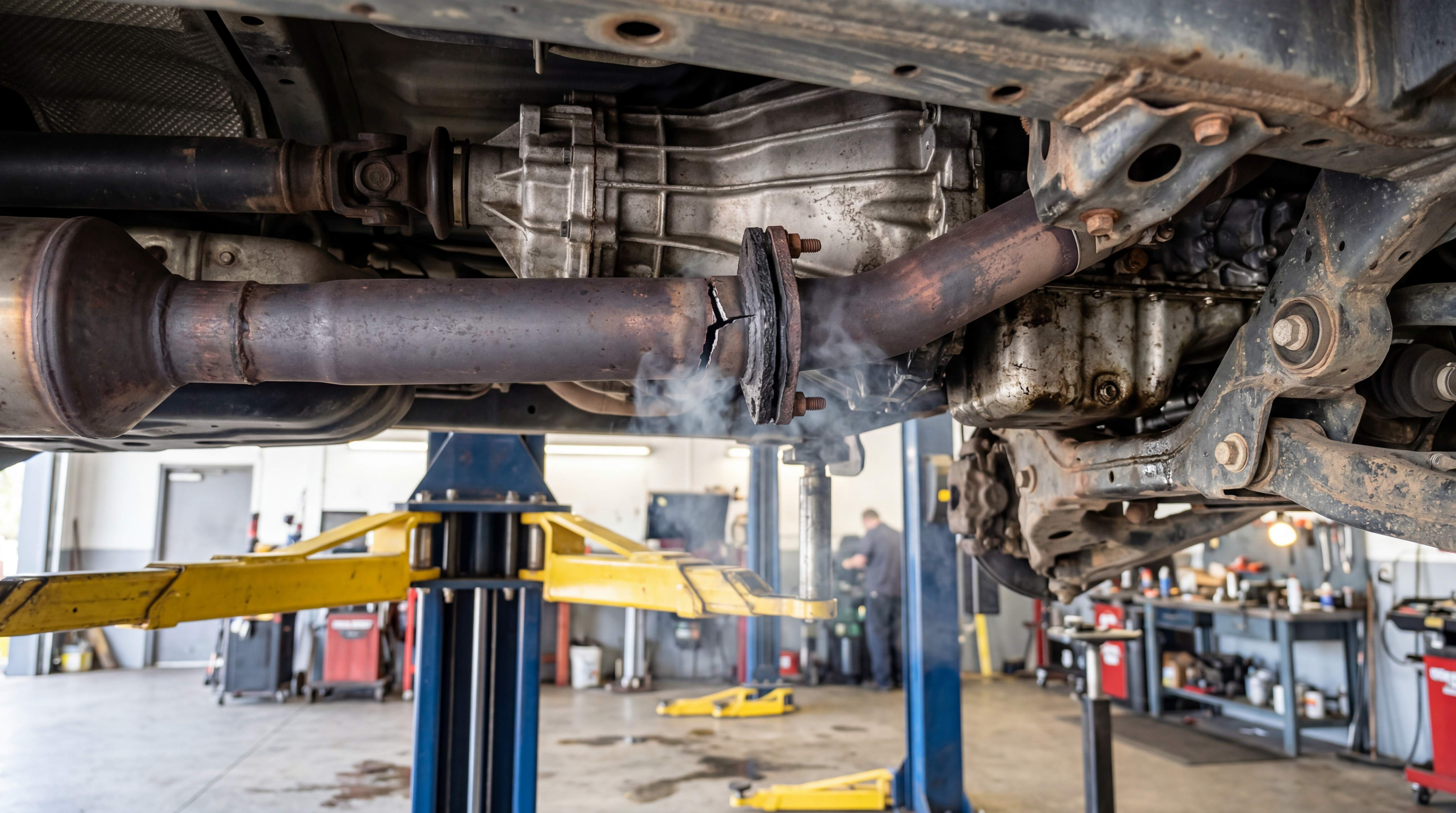 Exhaust flange leak under a vehicle with visible smoke from a cracked pipe joint and failed gasket area